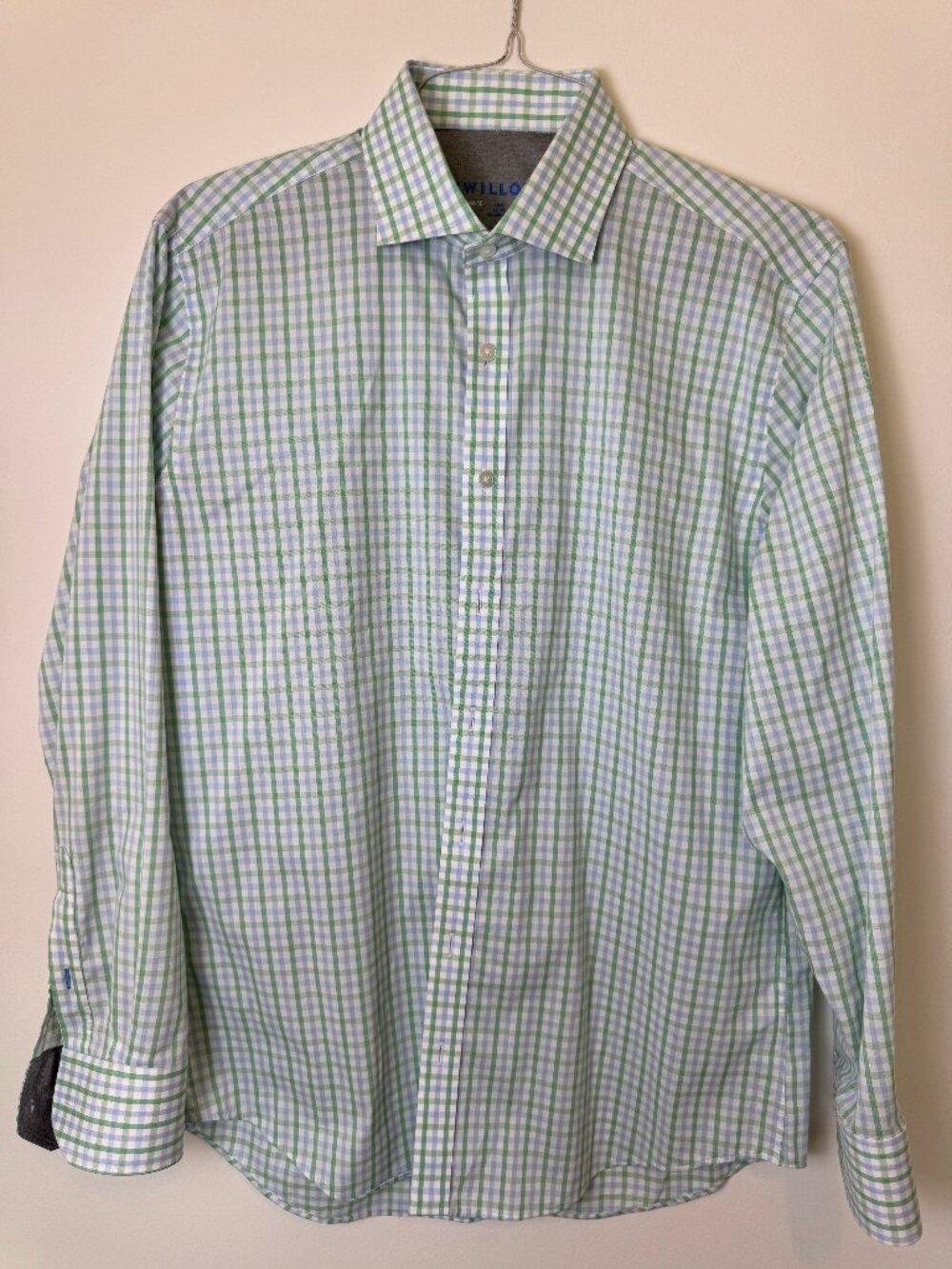 Twillory Performance Dress Shirt Men’s 16.5 34/35 Tailored Fit Green Blue Check